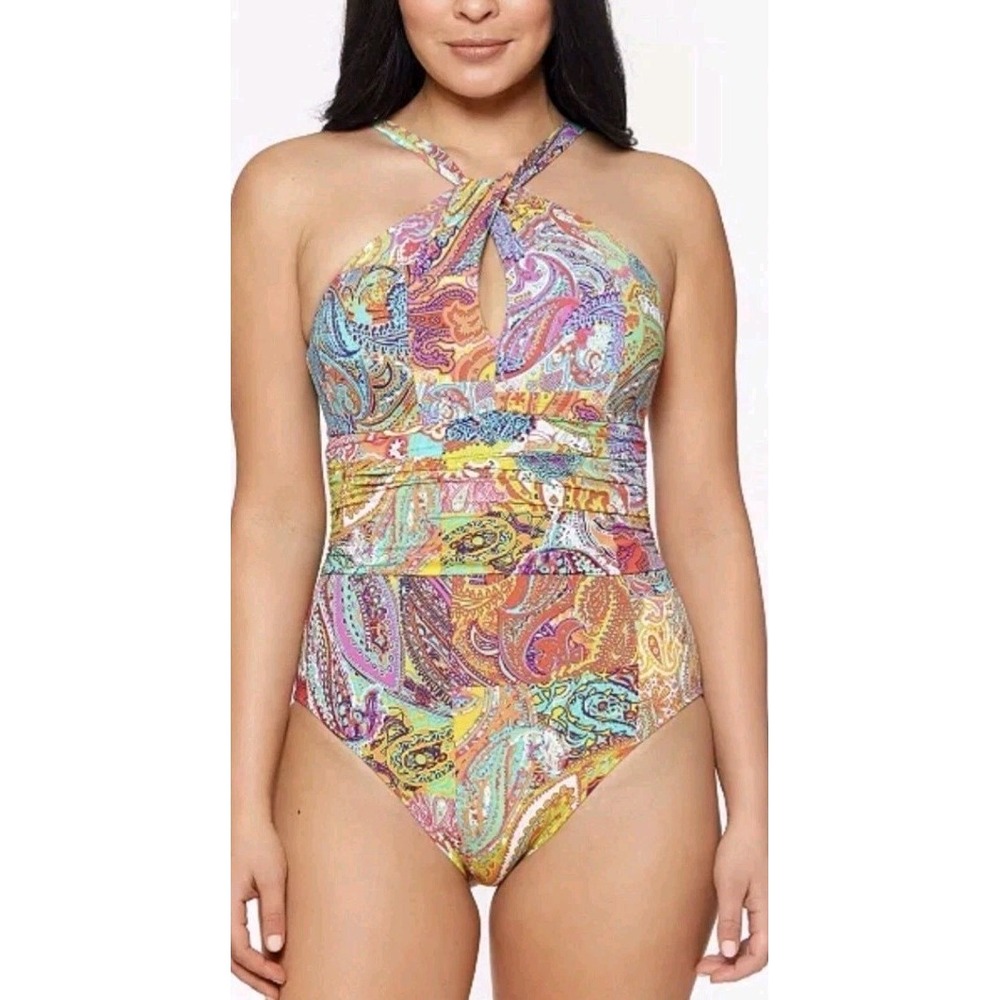 NWT Bleu By Rod‎ Beattie Bohemian Paisley Paradise Halter One Piece Swimsuit Sz8